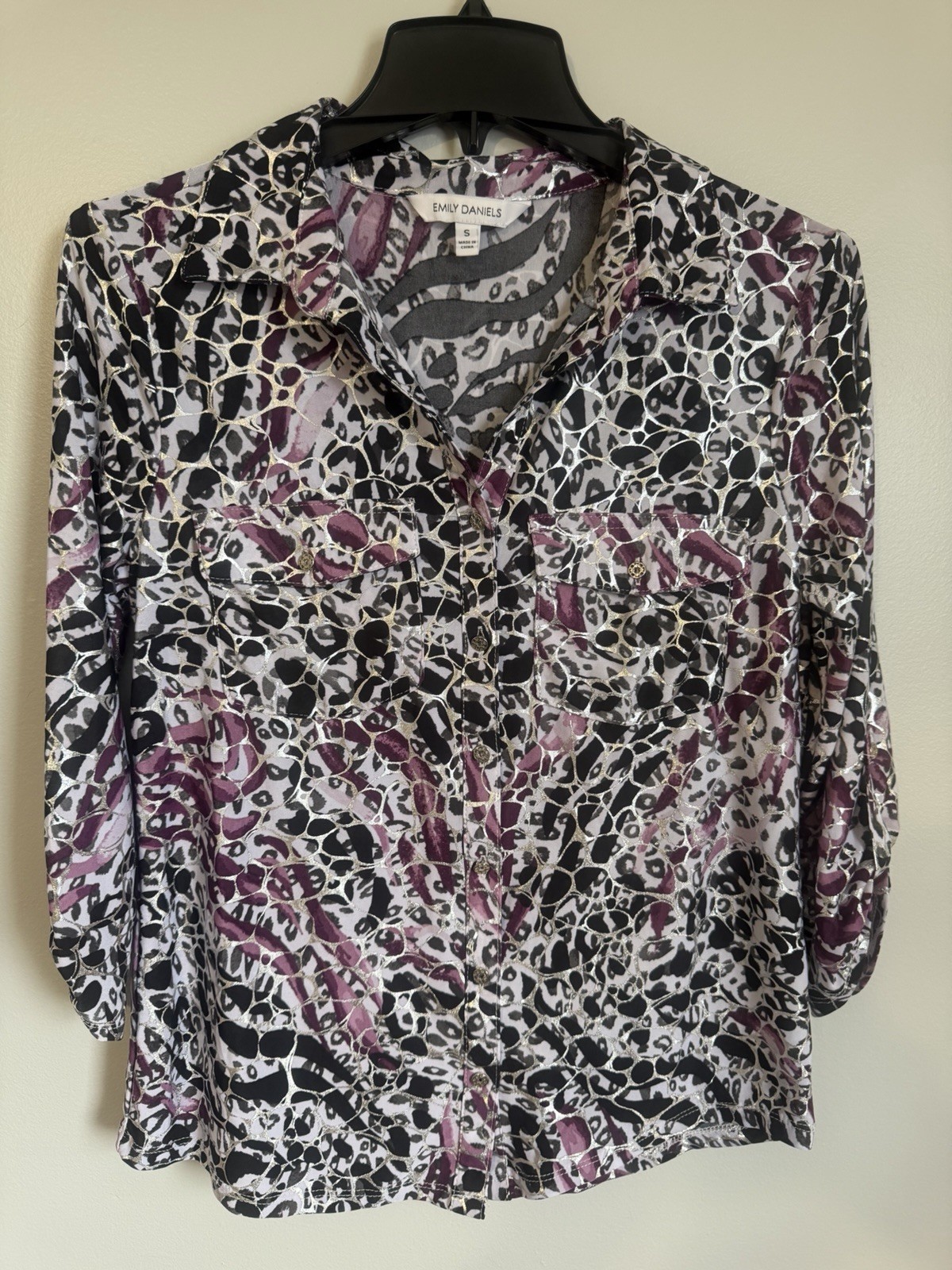 Emily Daniels Purple Black Silver Accent Button Up Roll Tab Sleeve Blouse Small