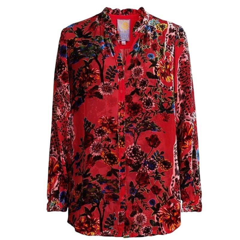 Johnny Was Floral Blouse Silk Burnout Red Bobcat Forest XS NWT Designer BOHO