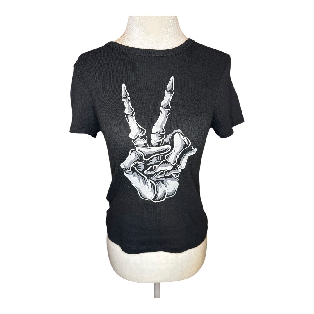 Nordstrom Skeleton Hand Graphic Tee Ribbed Knit Top Black Small NWT