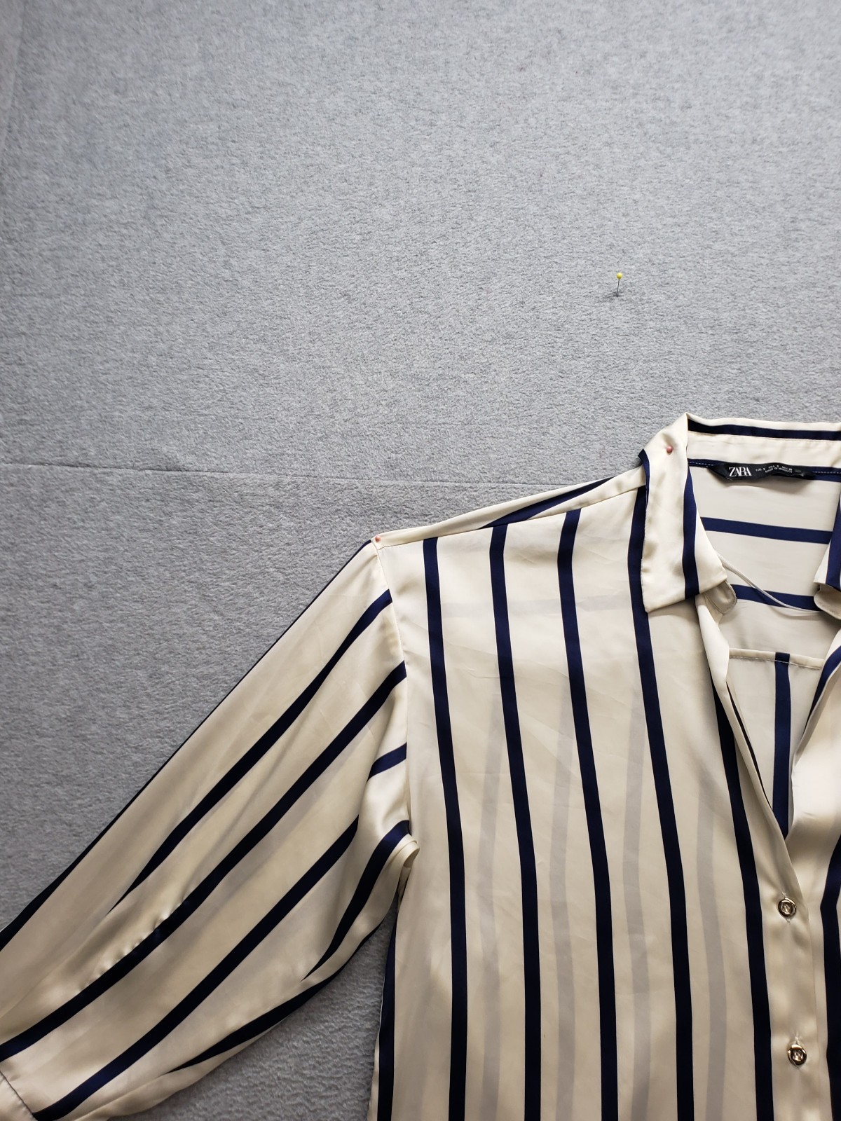 Zara Women Tops S Cream Navy Blue Striped Button Front Collared Long Sleeve City