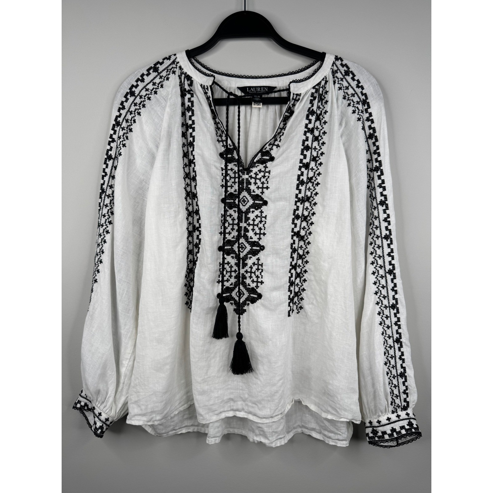 Ralph Lauren Embroidered 100% Linen Peasant Blouse White Black Tassel PL
