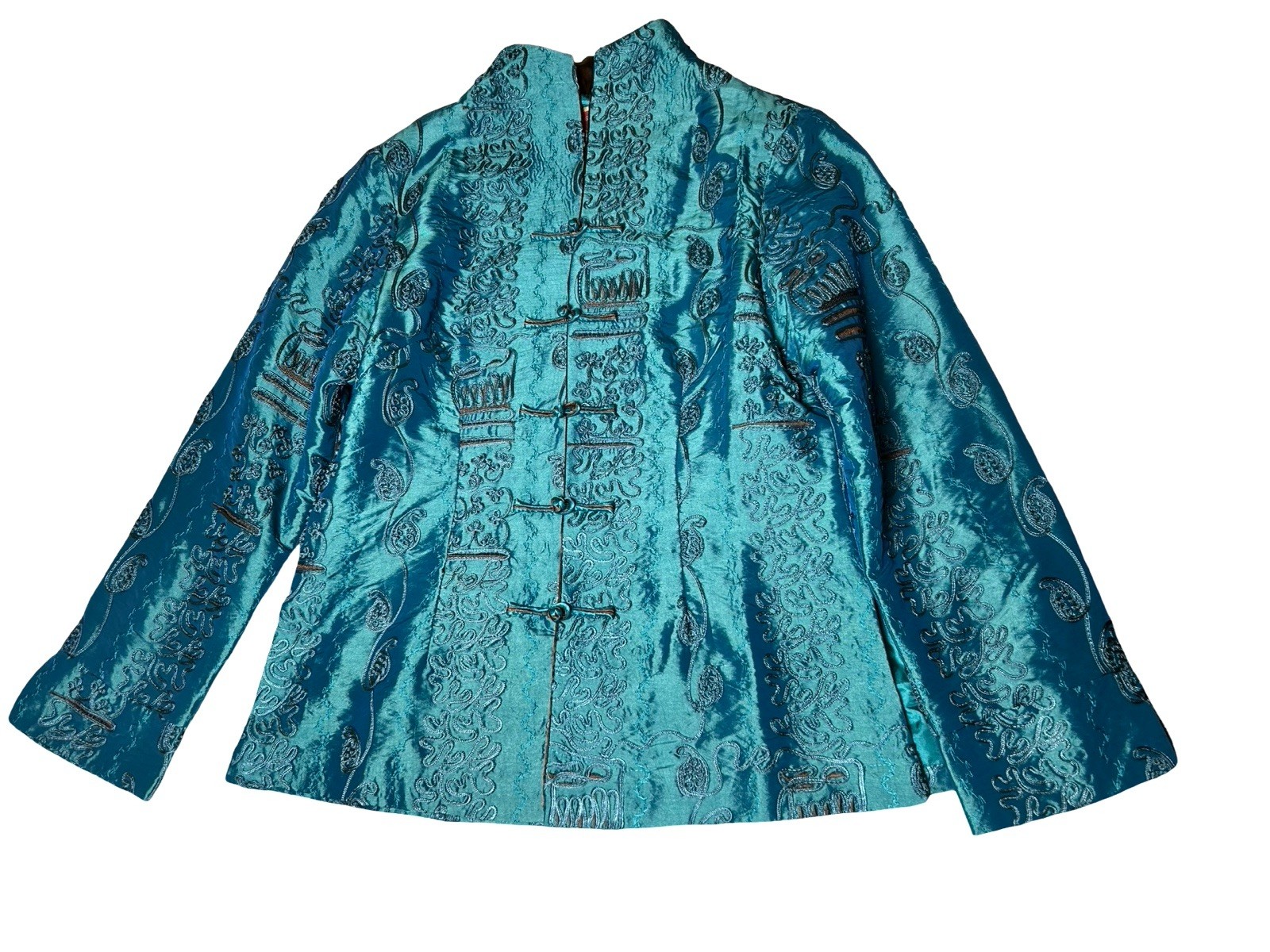 NWT SHANGHAI SOHO Blouse Sz L (READ) Blue Silk Blend Embroidery Toggle Fastening