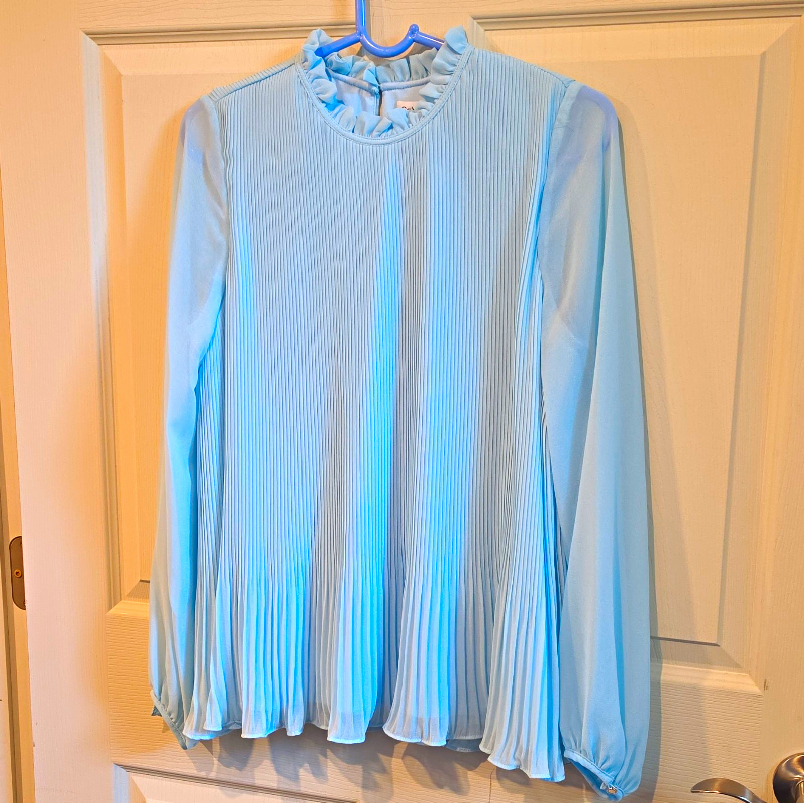 Calvin Klein Blue Solid Polyester Pleated High Neck Ruffle Blouse Long Sleeve M