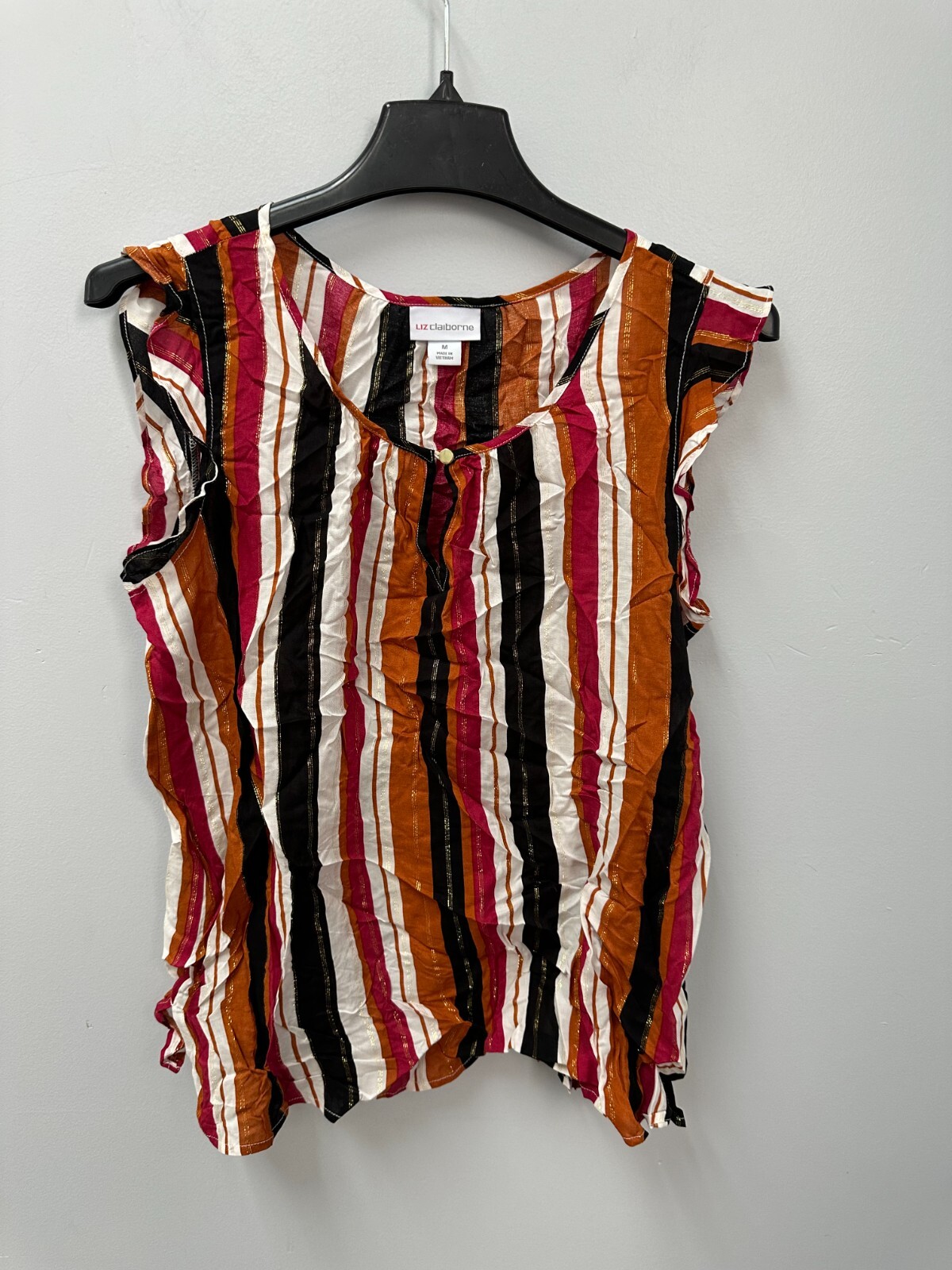 Liz Claiborne White Red Black Gold Striped Sleeveless Blouse Size M