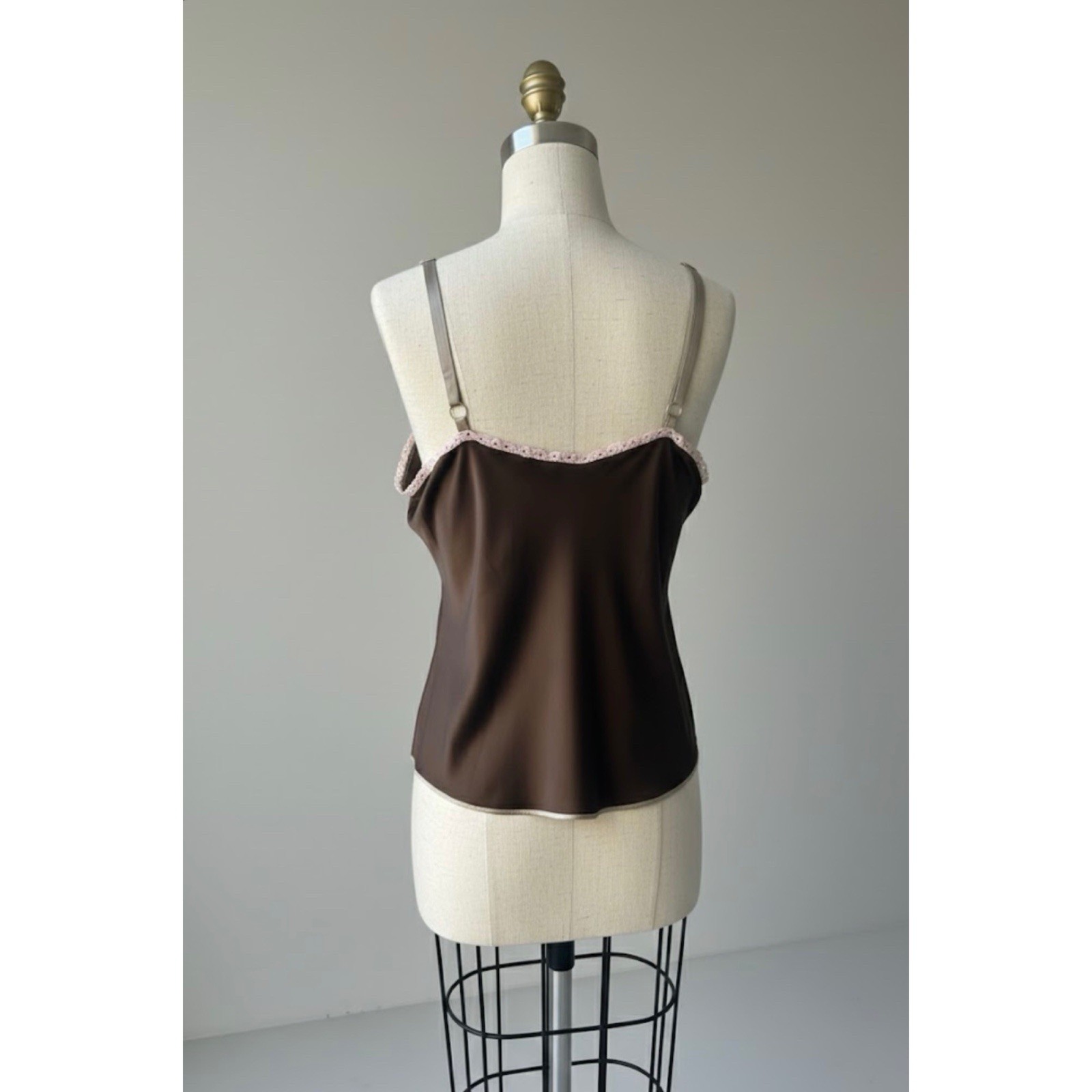 Vtg Y2K GAP Espresso Silk Cami Blouse w/Pink Lace Trim Fairycore Coquette Sz L