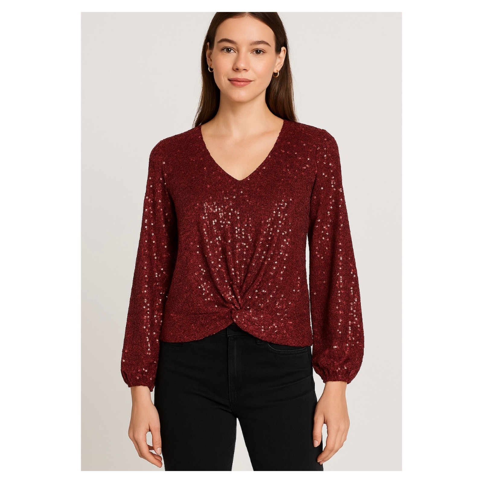 Spense Women’s Maroon Red Sequin Twist-Front V-Neck Long Sleeve Top Blouse PM