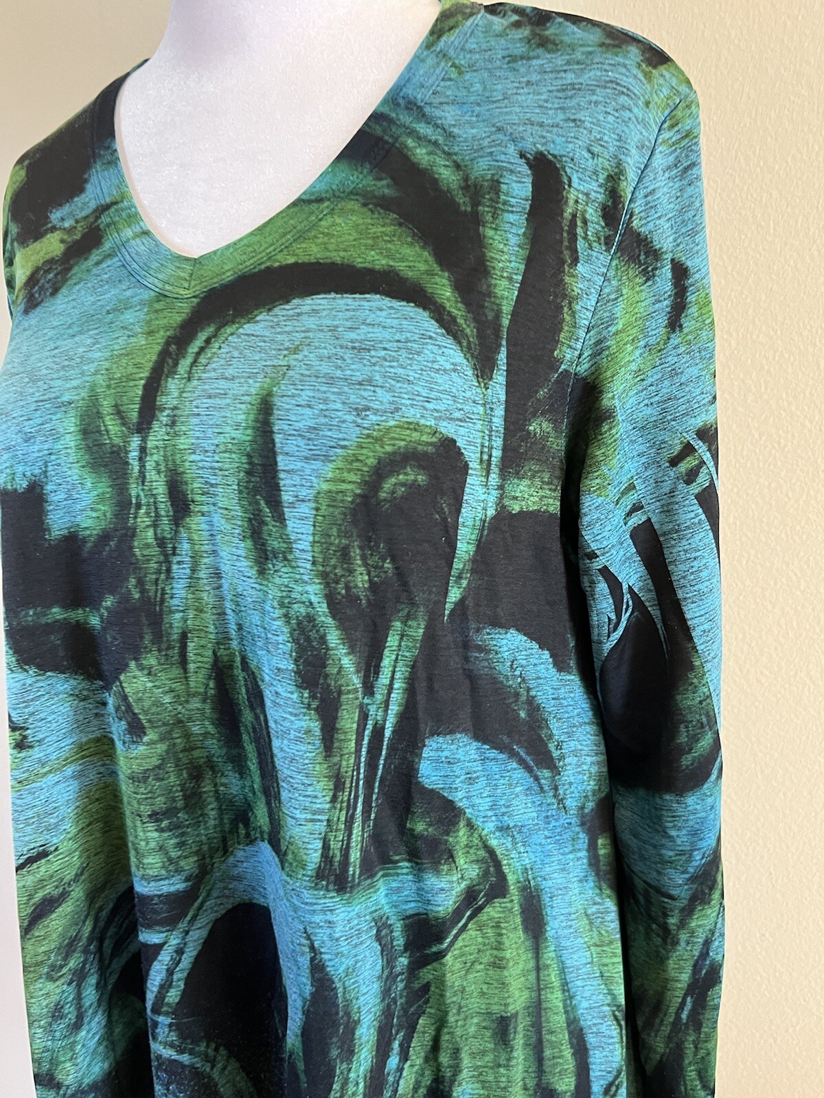 Jess & Jane Blue Green Brush Stroke Swirl V Neck Tunic Art to Wear Boho PM