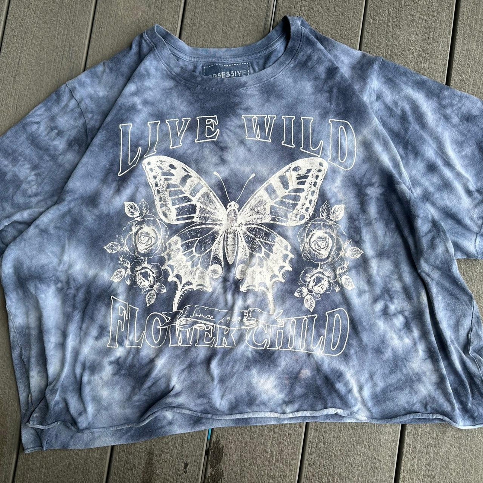 Blue and white tie-dye butterfly crop top