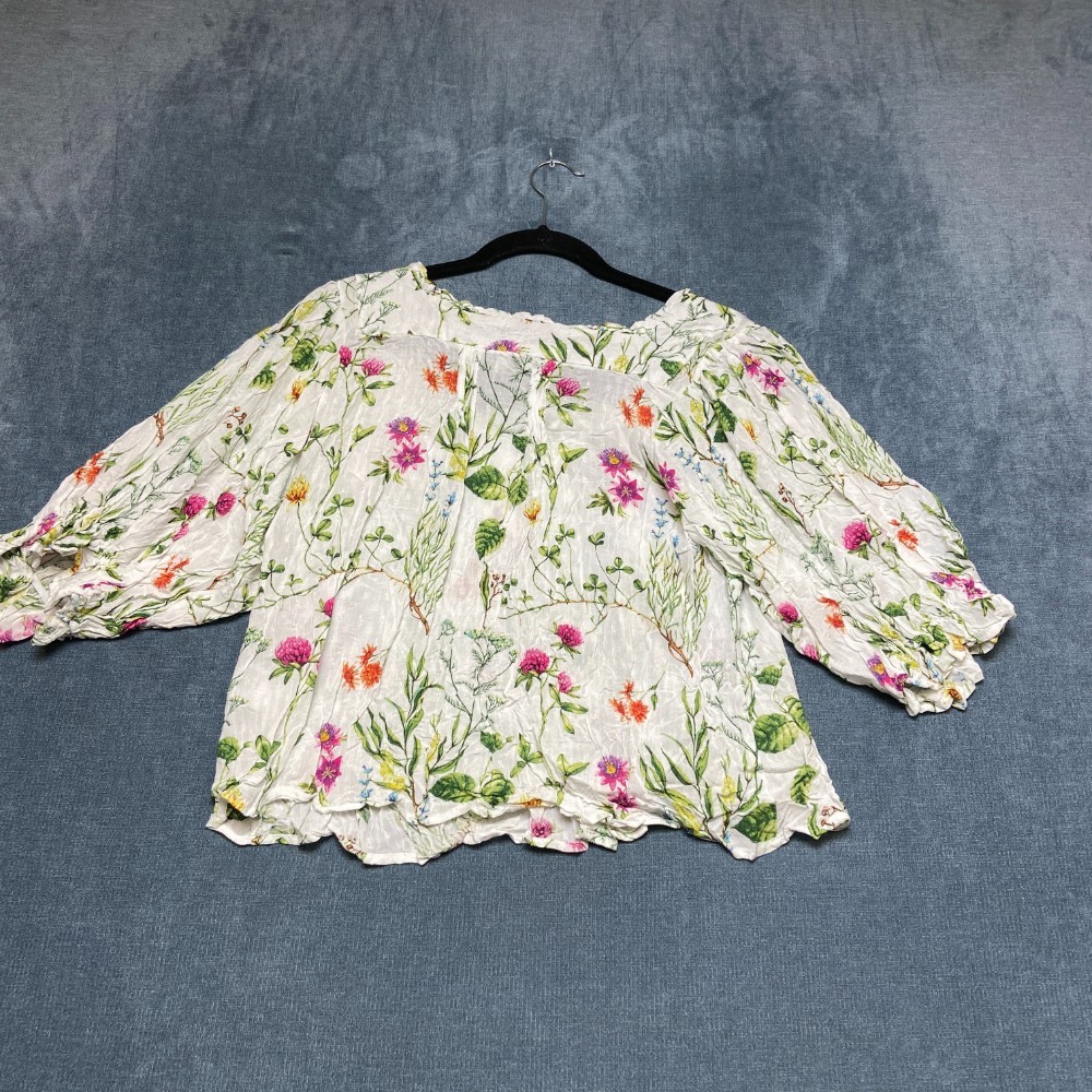 Rachel Zoe Blouse Top Women Medium White Floral Puff Sleeves Casual Button Front
