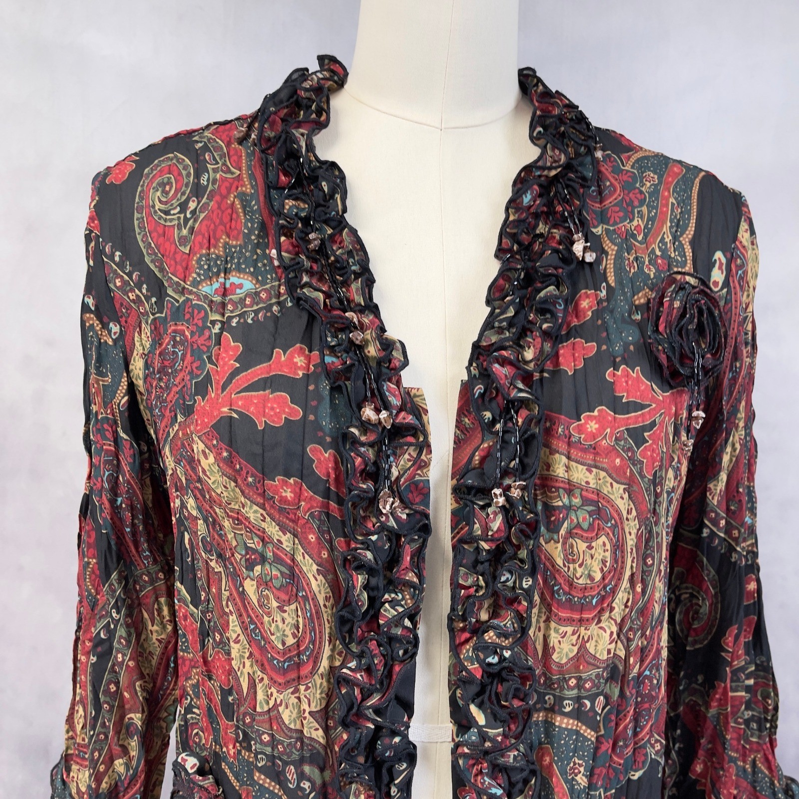 Agora Paisley Ruffle Open Front Jacket Women Medium Romantic Boho Artsy Fairy