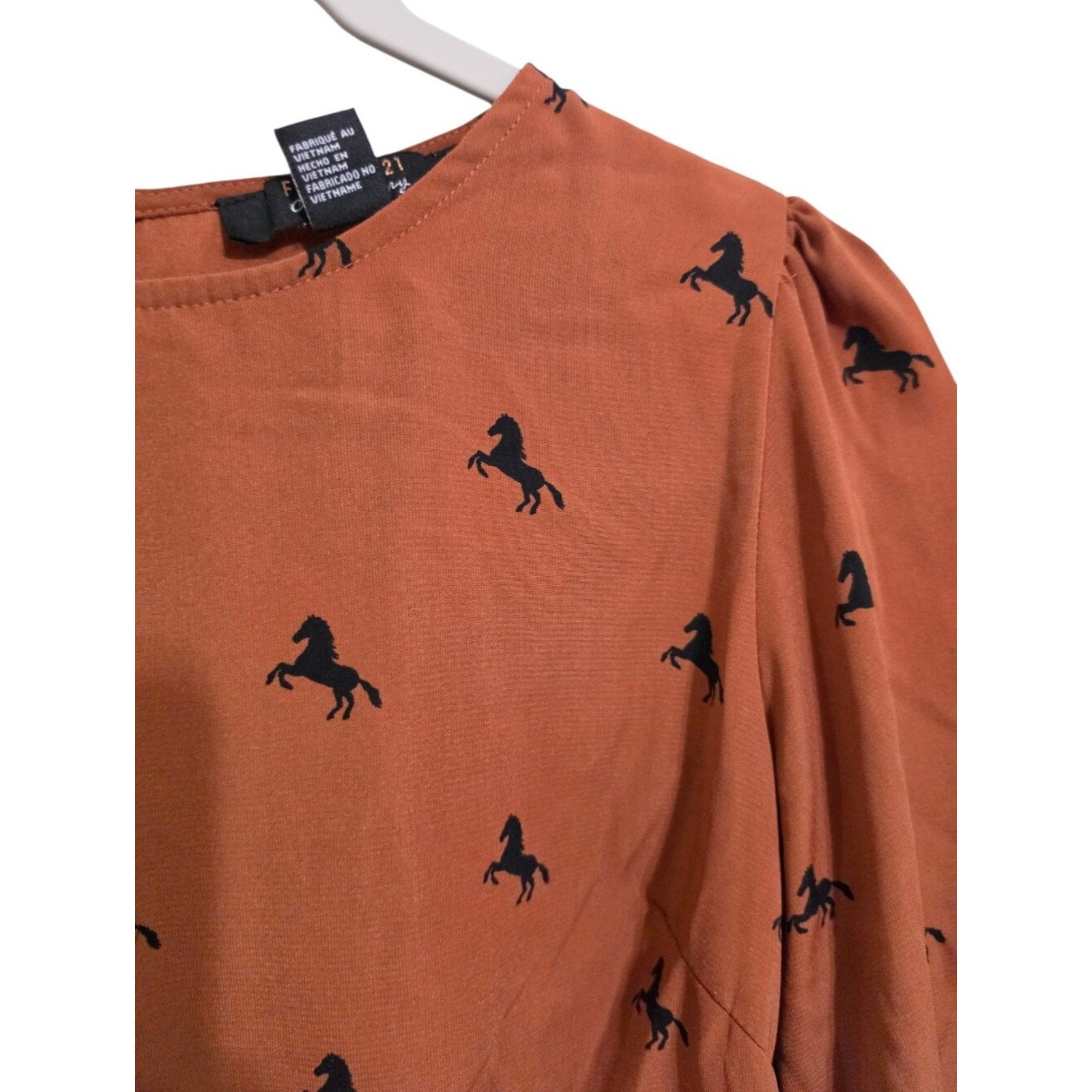 Brown Black Horse Print Long Bishop Sleeve Top S Western Boho Country Cowgirl