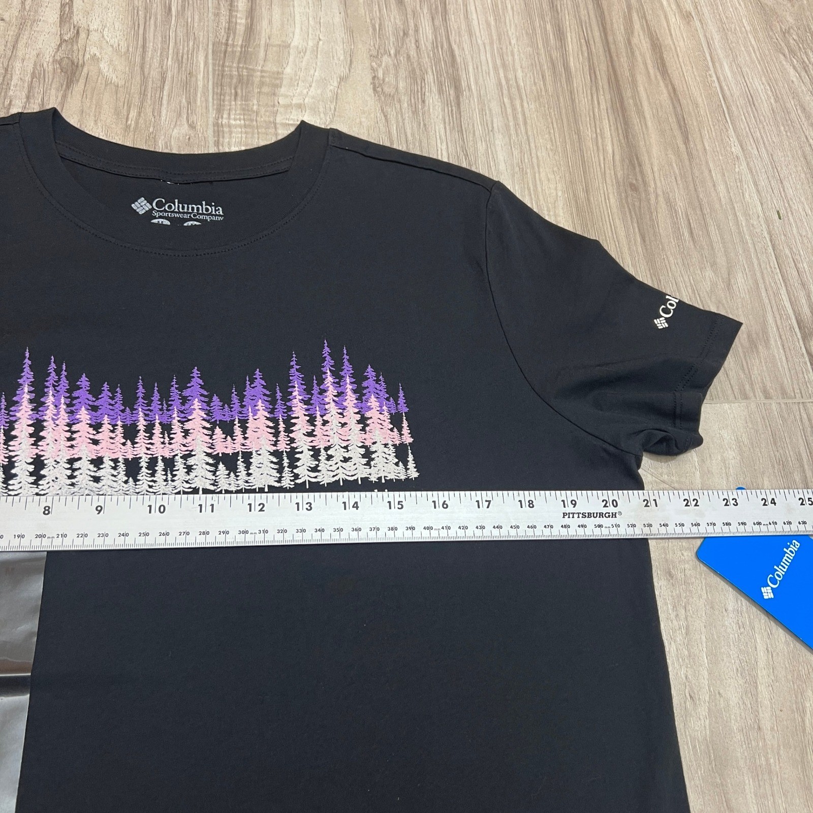 Columbia Women’s Graphic T-Shirt Black Purple Forest Trees Outdoor Tee Size M
