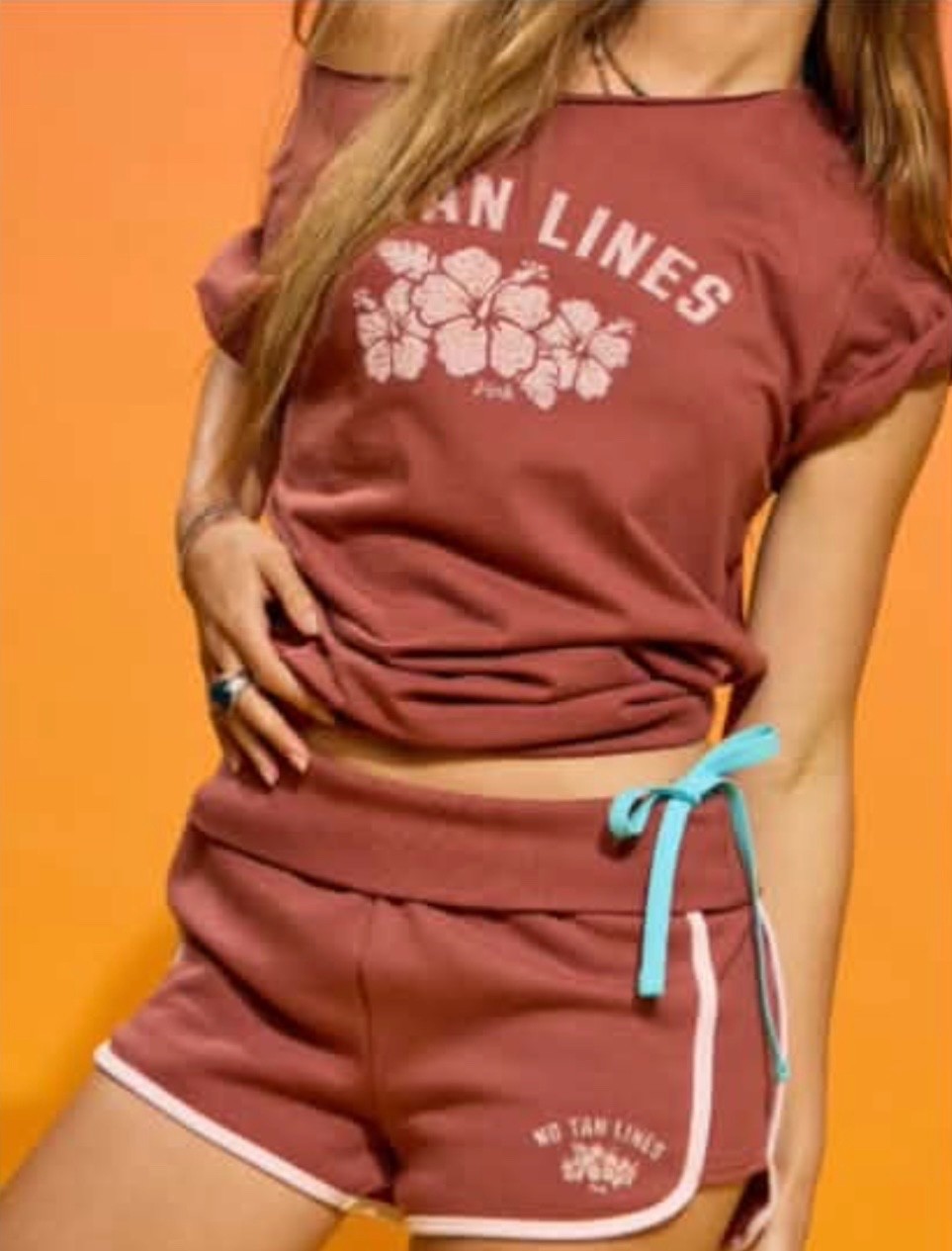 NEW VS PINK CLAY SUNSET NO TAN LINES OFF THE SHOULDER TSHIRT & SHORTS
