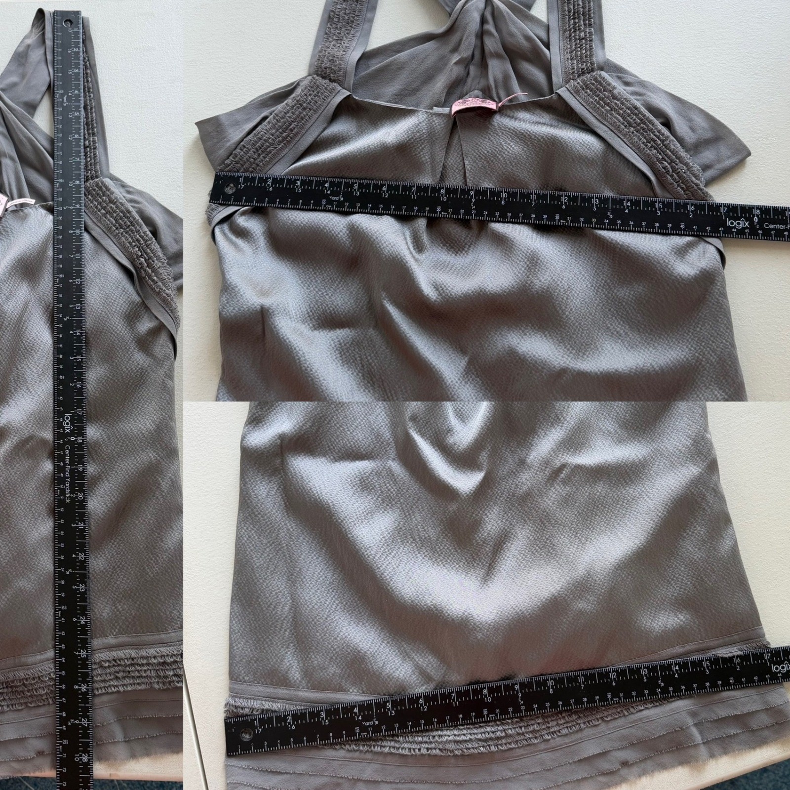Juicy Couture Women 6 Gray 100% Silk Smocked Strap Criss Cross Back Tank Top Y2K