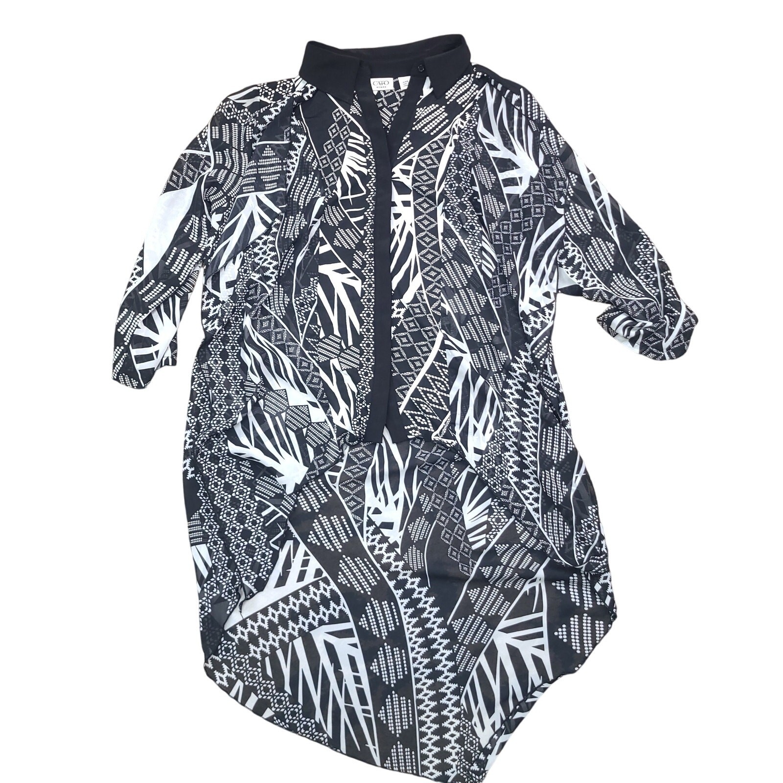 Cato Woman 14/16W Made In Cambodia Black and White Tunic Blouse Sheer