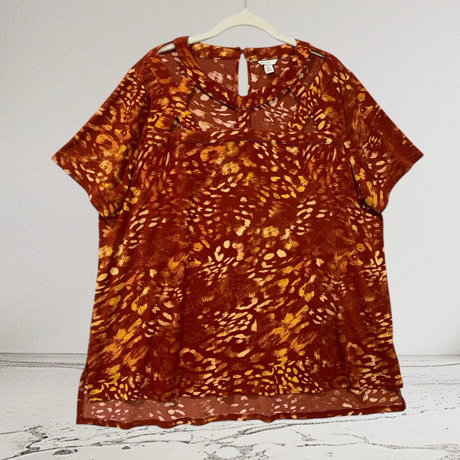 Womens Multi Print Cut Out Neck Top XL Jersey Stretch Artsy Boho Summer Chic