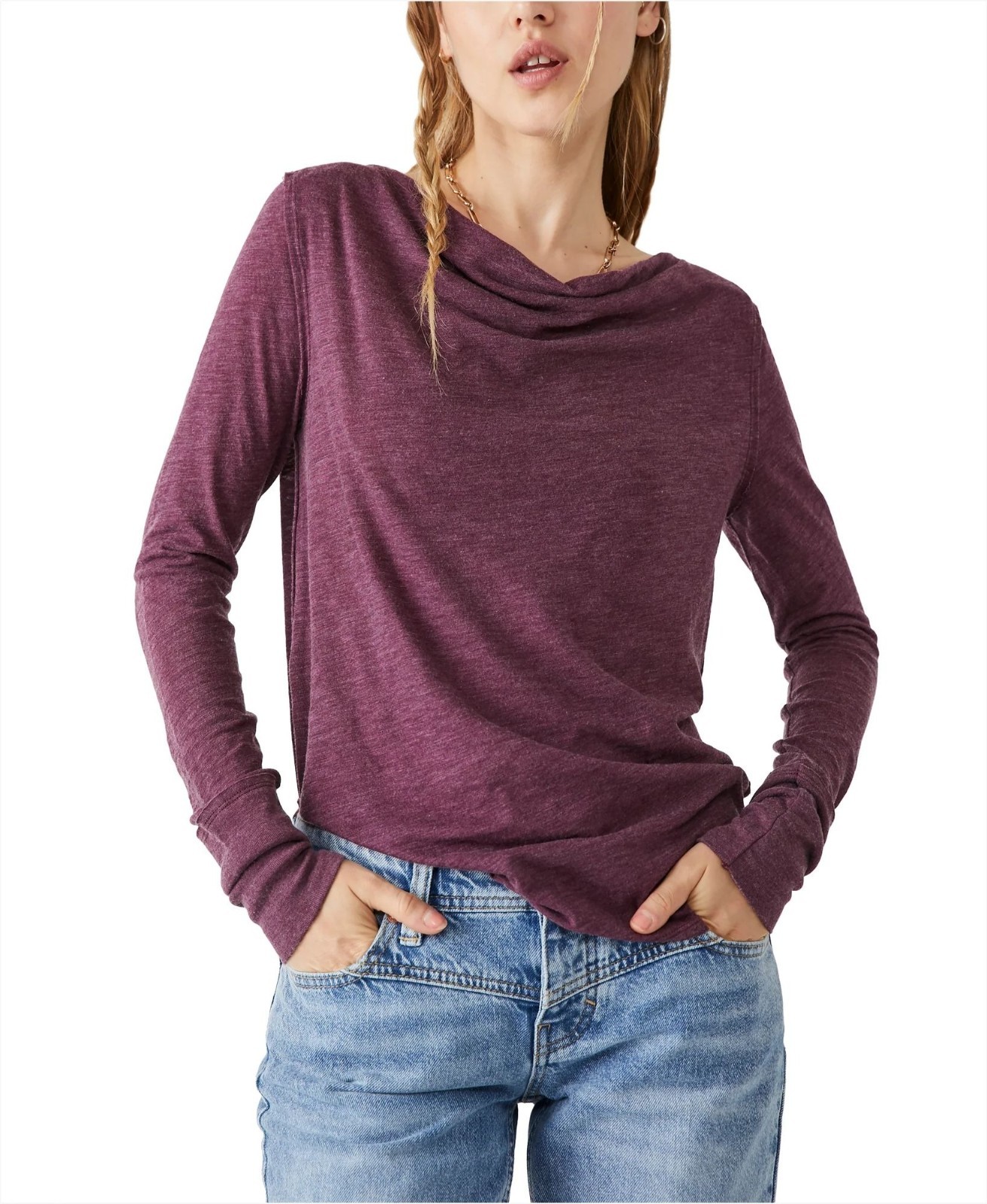 WE THE FREE Kimmi Tee Sz S Fig Purple Long Sleeves Boat Neck Slub Cotton Blend