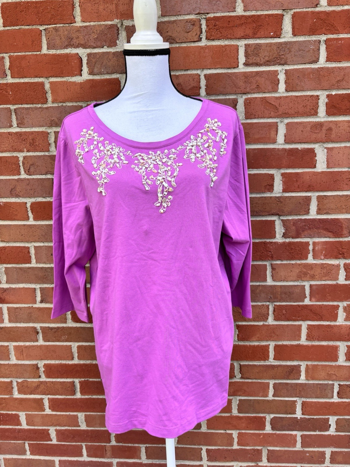 NWT Bob Mackie Purple Embroidered Beaded 3/4 Sleeve Scoop Neck Top Womens Large
