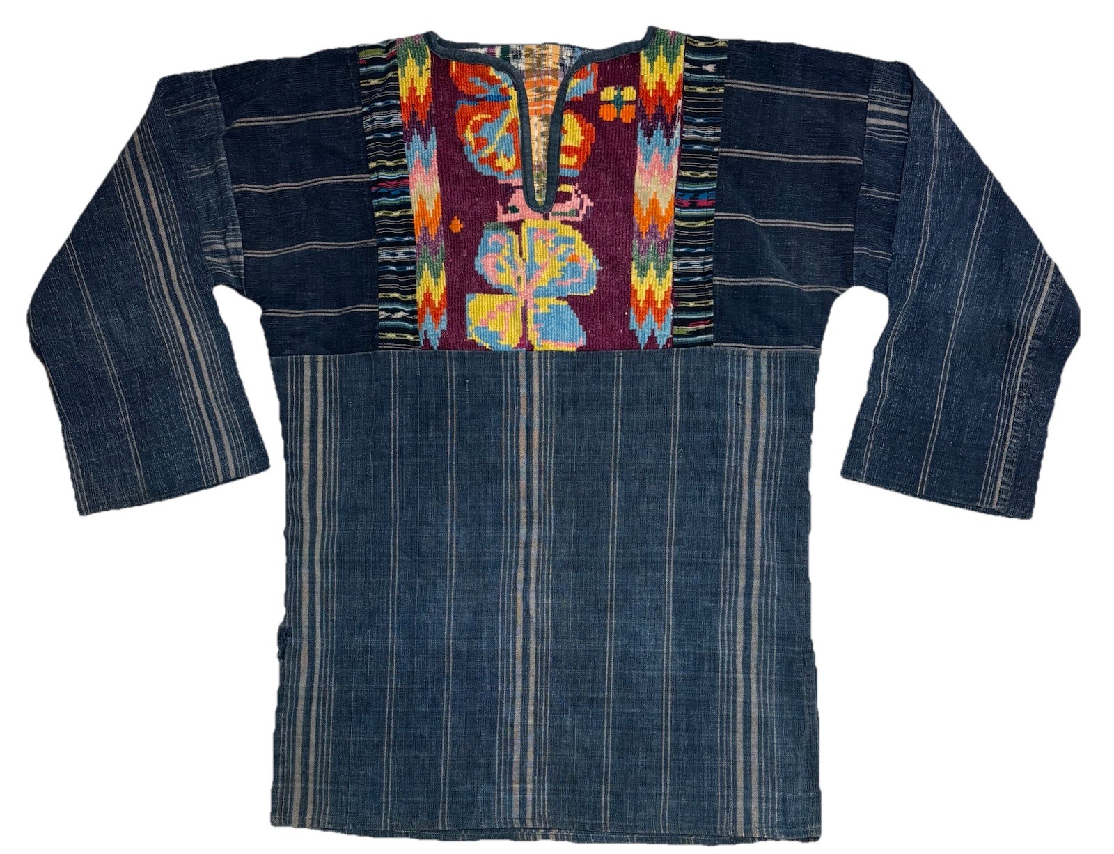 Vtg Guatemalan Indigo Denim Tunic Top Shirt Needlepoint Embroidery boho hippie