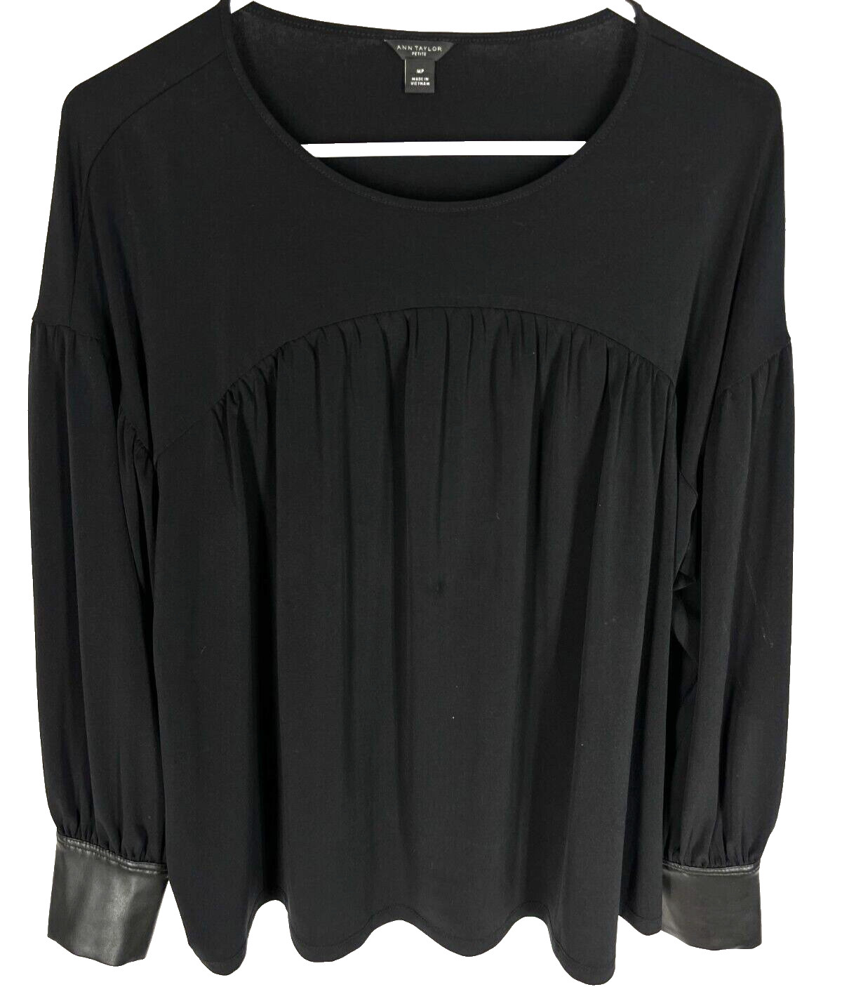 ANN TAYLOR BLOUSE Size P Medium Black Stretch Faux Cuffs Stretch Womens