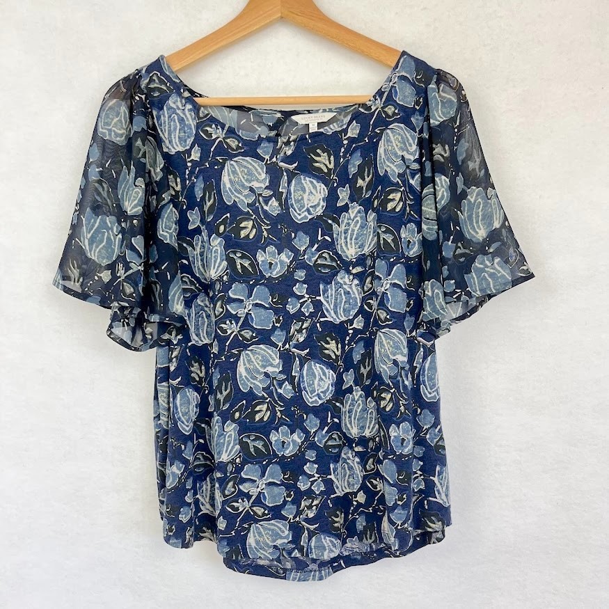 Lucky Brand Floral Blouse Flutter Sleeve Feminine Girly Cottage Boho Easter M