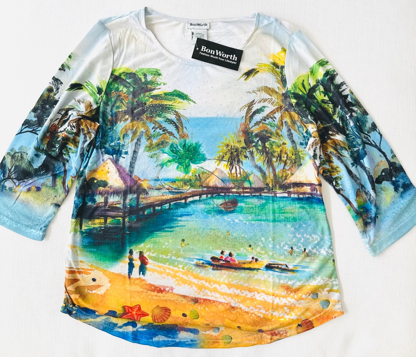 NWT Vibrant Tropical Beach Top 3/4 Sleeve w/Appliques; ALL SIZES – FREE SHIP!