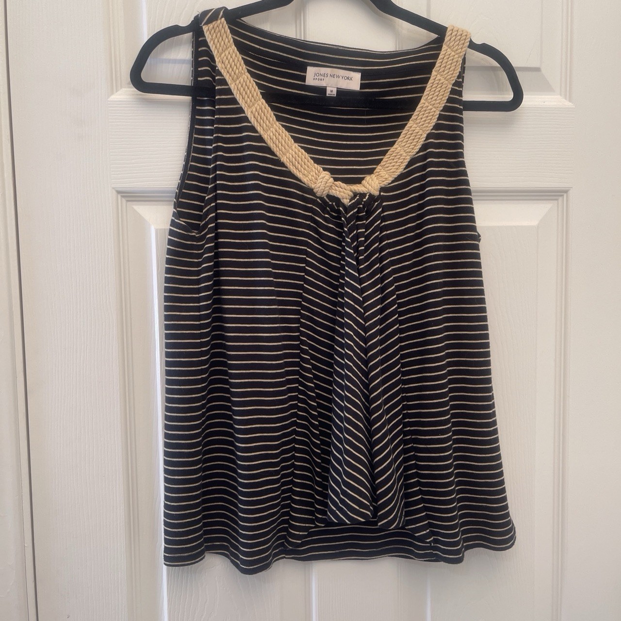 Jones New York Women’s M Black Tan Stripes Rope V-Neck Y2K 90’s A-line Top
