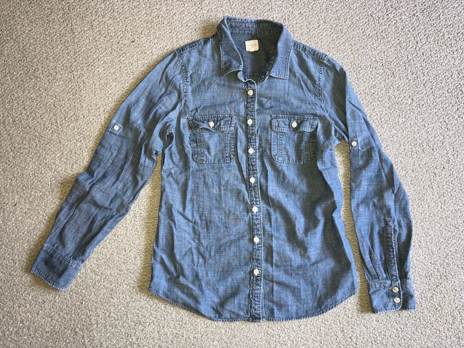 J.Crew Chambray Button-Up Shirt with Tab Sleeves and Chest Pockets, Size S