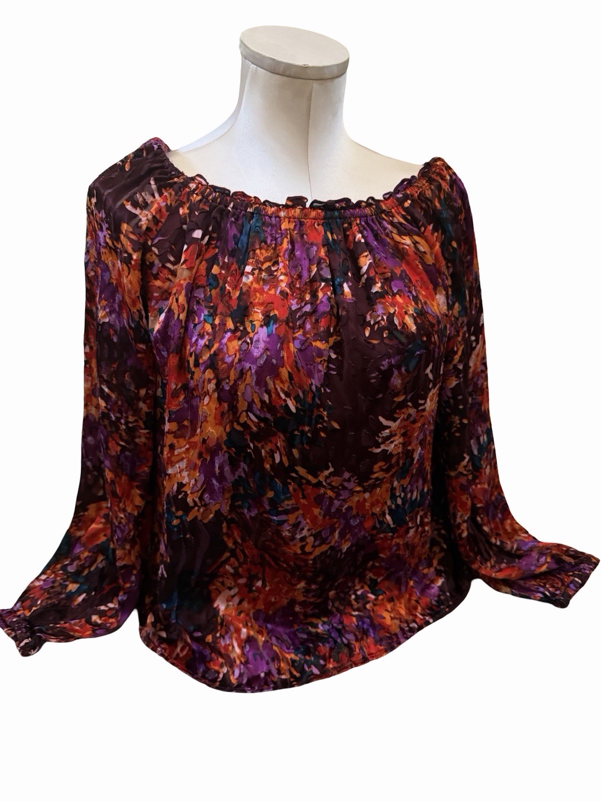 White House Black Market Abstract Off Shoulder Silk Blend Blouse S Office Career