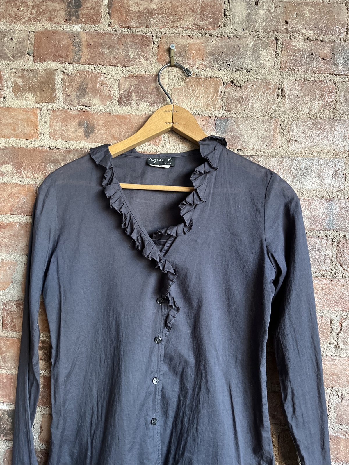 Vintage Agnes b. Women’s Blouse, Cotton, Indigo Blue Sz 36 Ruffles