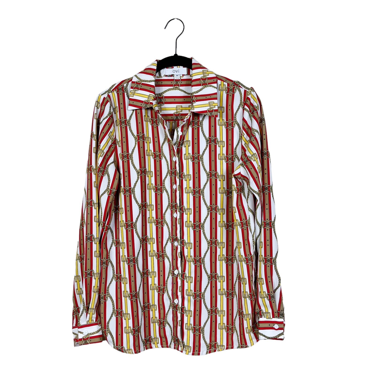 OVI Top Women’s Chain Belts Print Button Front Long Sleeve Colorful Shirt