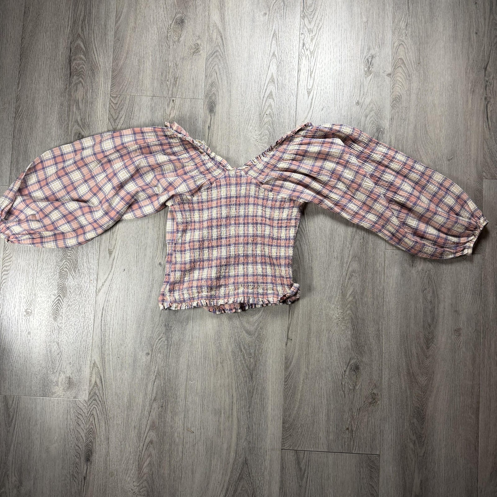 Promesa Shirt Womens Medium Pink Plaid Cottagecore Balloon Sleeve Crop Boho