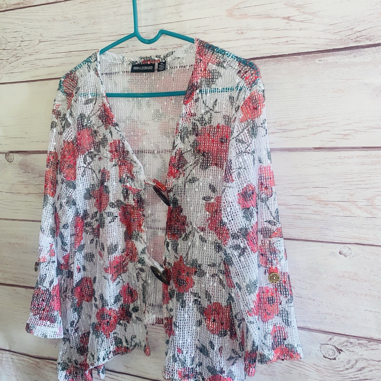2 Nina Leonard XL Floral Open Knit Cardigans Sheer Bell Sleeve Cover Ups B47