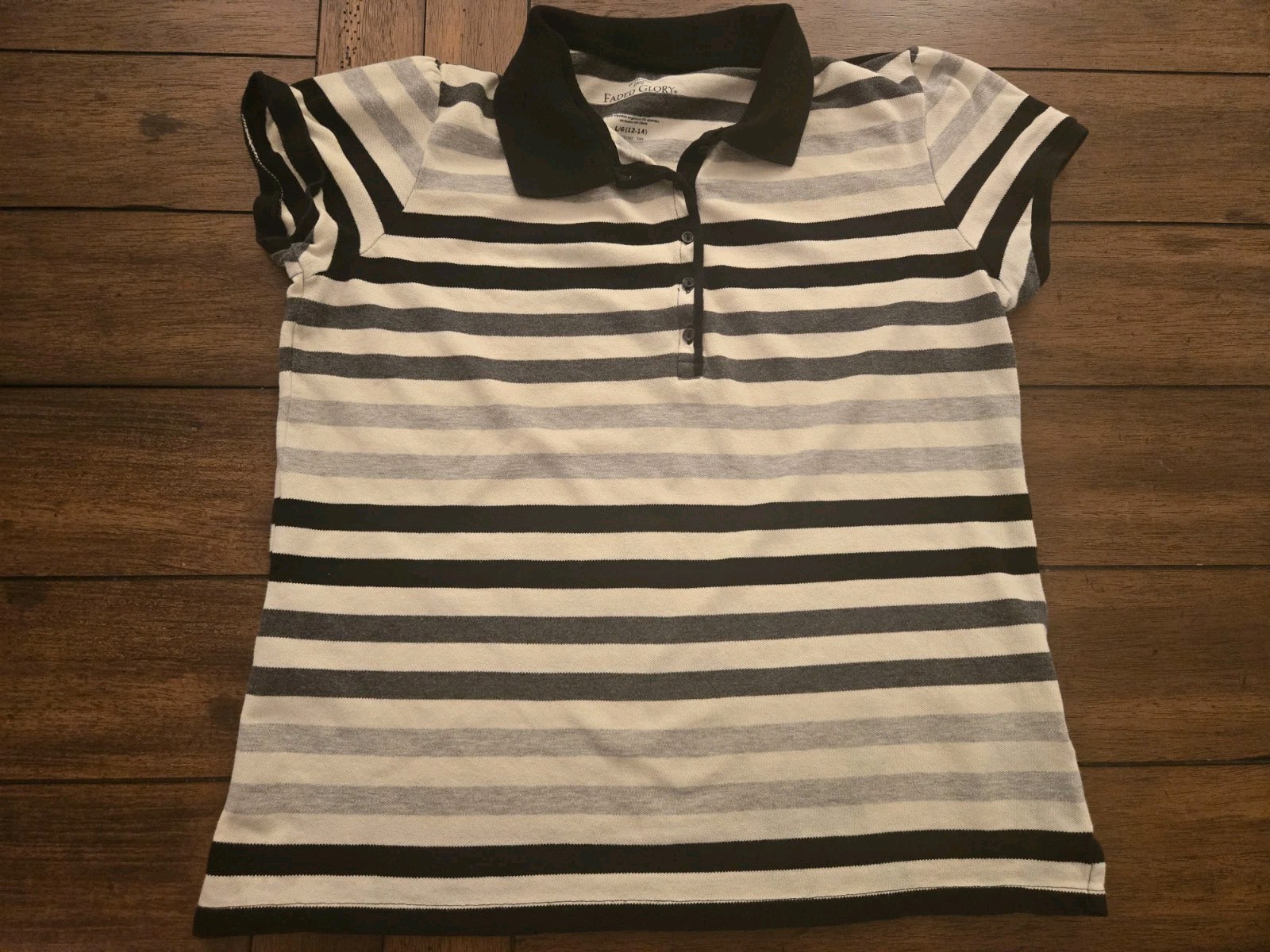 FADED GLORY LG( 12-14) Polo Shirt Black, White, Gray Stripes