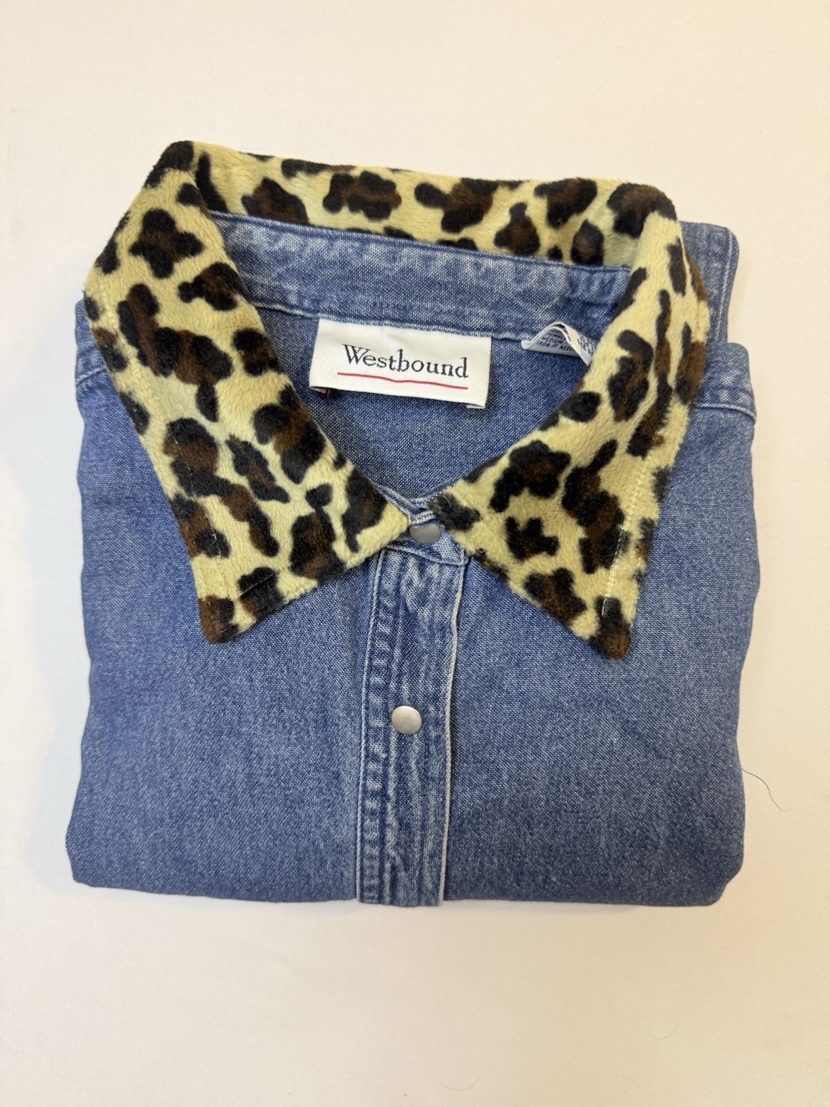 Y2K Denim Snap Button Shirt Leopard Print Collar Western Cowgirl Jacket Top L
