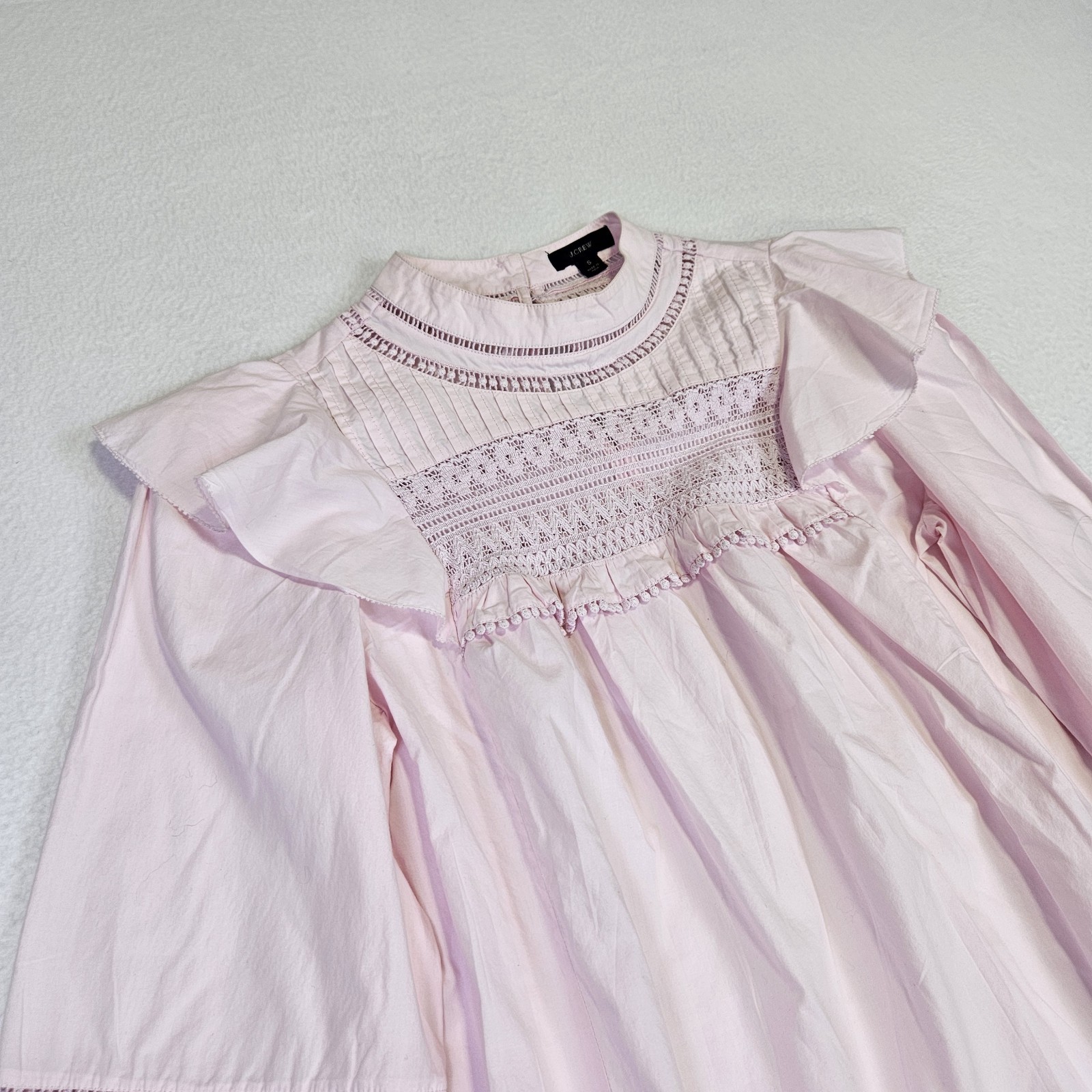 J.Crew Crochet Lace Ruffle Blouse S Pastel Pink Cottagecore Prairie Top Cotton