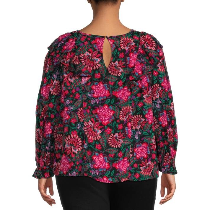 Terra & Sky Plus Size Ruffled Print Tapered Top 0X (14W) Sketched Floral Print