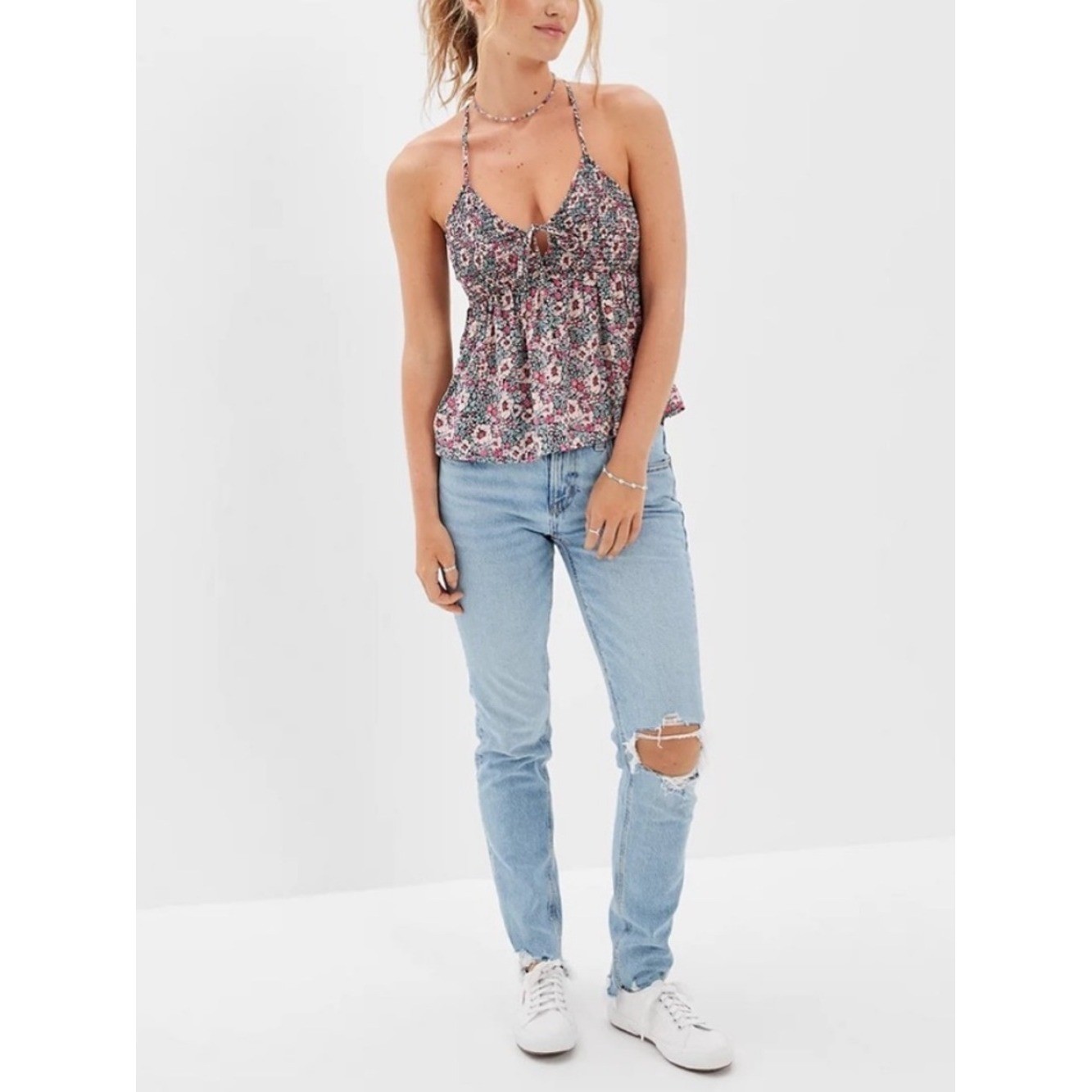 American Eagle Pink Floral Smocked Tie-Front Cami Split Keyhole Peplum Babydoll