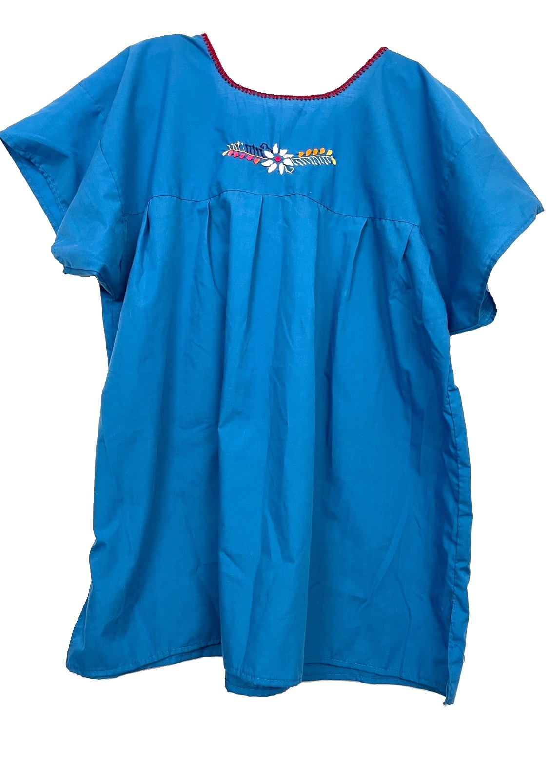 Mexican Peasant Blouse Hand Embroidered Bright Blue XL
