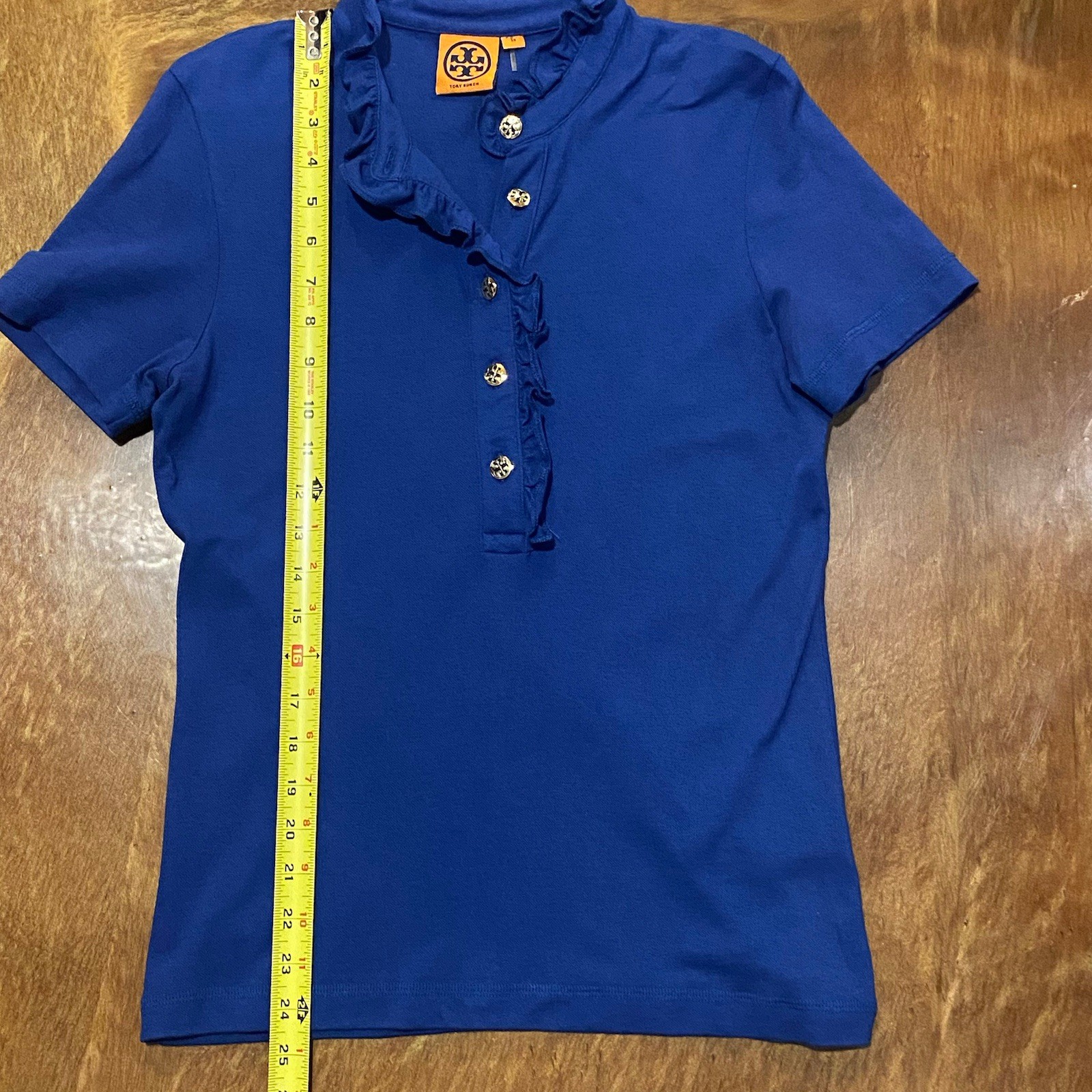 Tory Burch Lidia Ruffle Polo Shirt Women’s Sz Medium Blue with Gold Logo Buttons