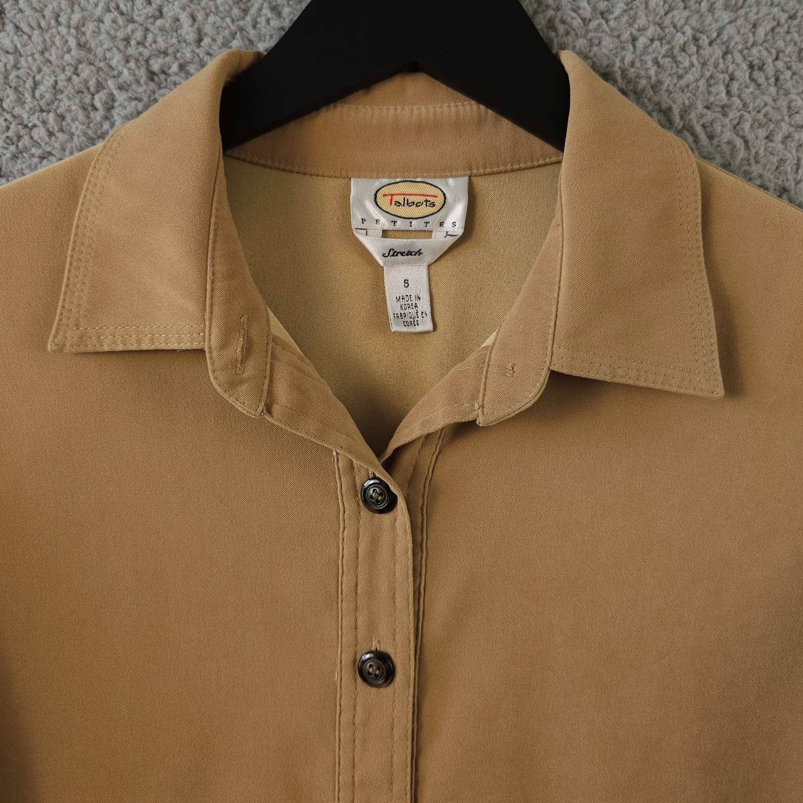 Vintage Talbots Shirt Womens SP Tan Button Up Faux Suede Career Office Stretch