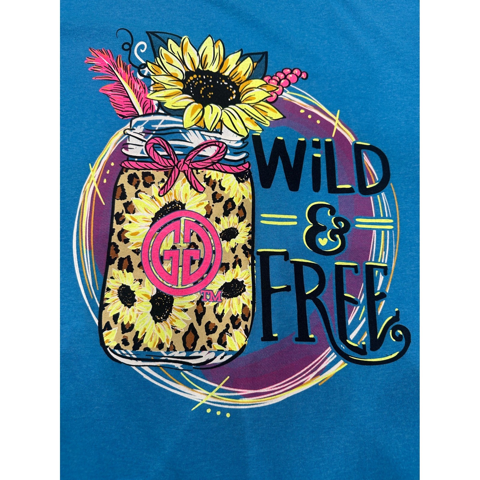 Girlie Girl Originals Wild & Free Sunflower Mason Jar Blue T-Shirt Large