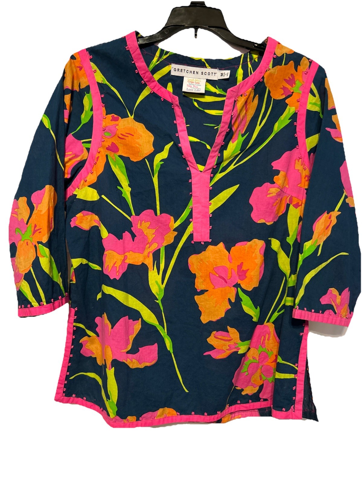 Gretchen Scott Navy +Neon Pink Iris Size Medium Top Blouse Resort Wear Beaded