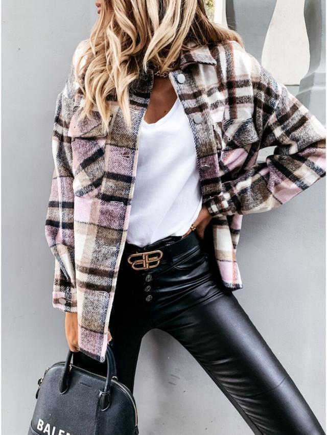 Women’s Plaid Check Casual Shirt Jacket Shacket Top Loose Coat Winter Warm Top！！