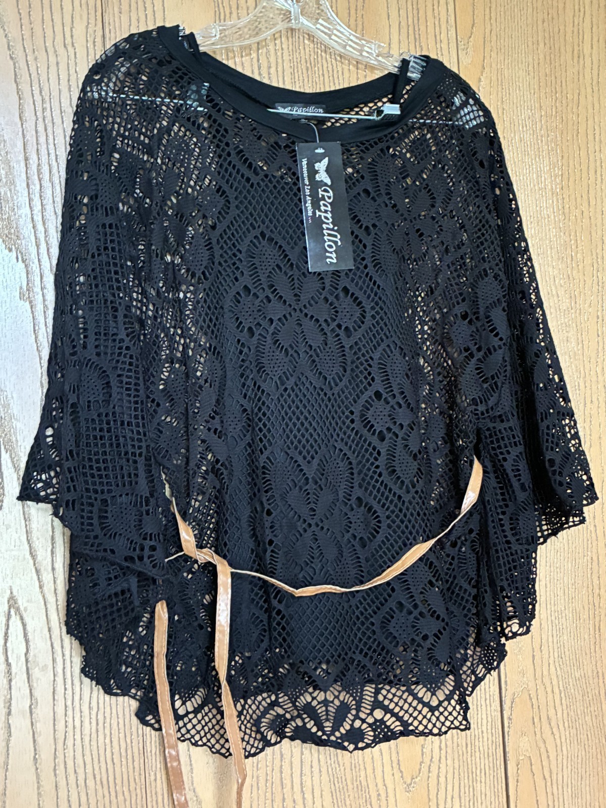 NWT Papillon Black Crochet Lace Belted Poncho Top Camisole Set Medium