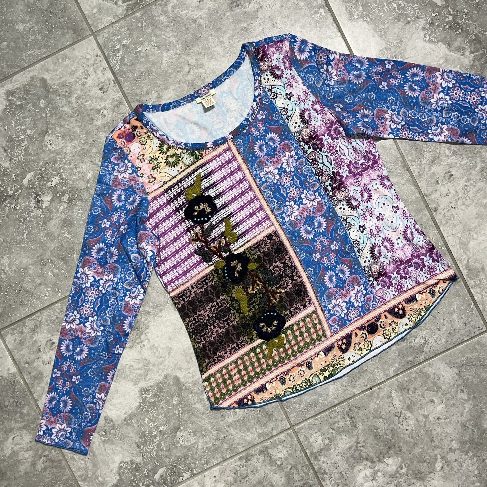 Sundance Poetic Patchwork Beaded Sequin Long Sleeve Floral Pullover Top Boho XL