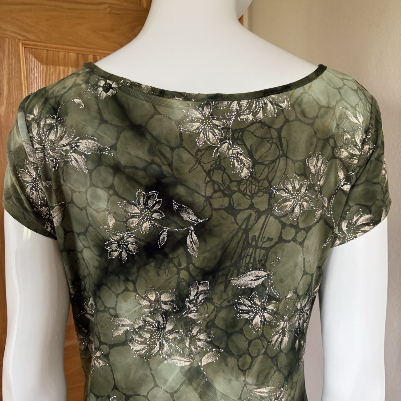 dressbarn Green Floral Ruched Square Neck Cap Sleeve Knit Stretch Blouse M