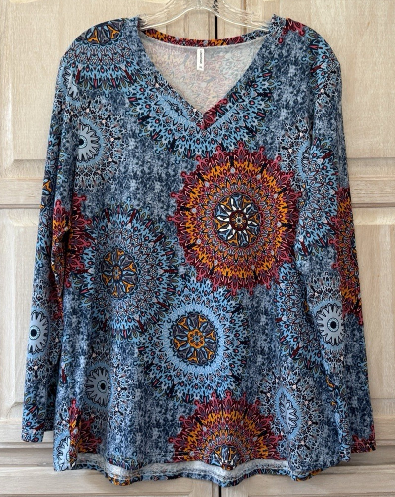 NWOT Longyuan Blue Orange Mandala Print Long Sleeve Pullover V-Neck Size XL