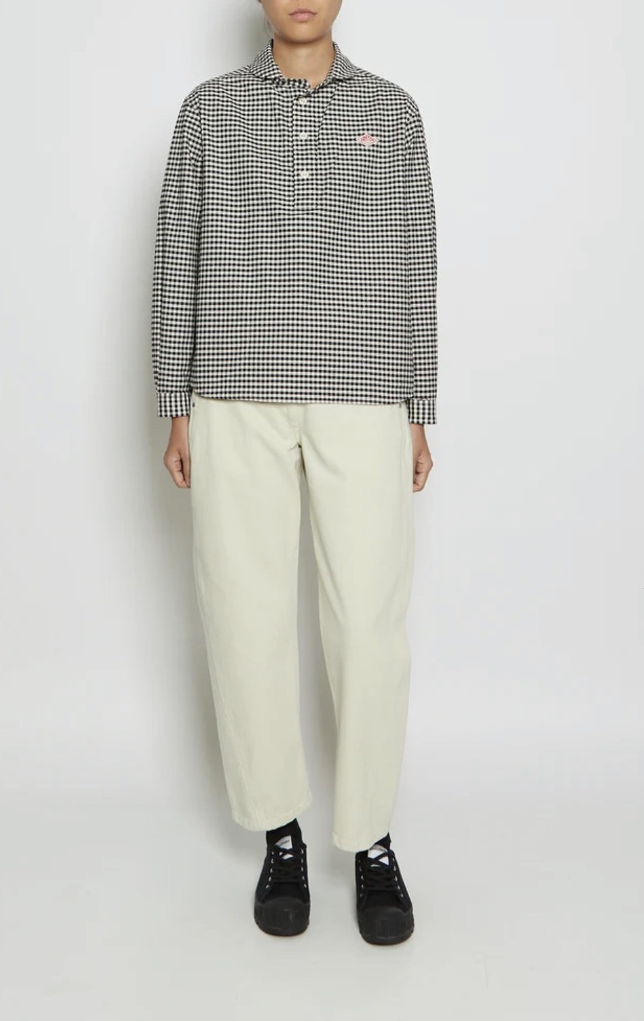 Danton Round Collar Pull Over Cotton Twill Shirt — Black x Ecru Gingham – 38
