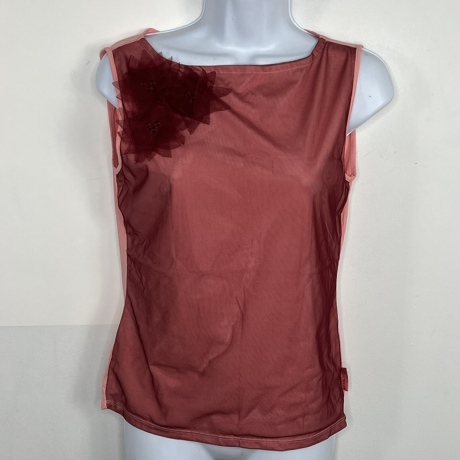 DKNY Jeans Dusty Rose Mesh Tank Top Sz M Sleeveless Floral Applique Sheer
